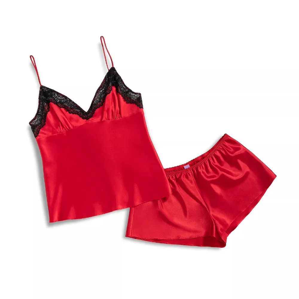 Lilac+London Satin Pajama Cami Set Size L Red Black Lace‎ Top & Shorts Romantic